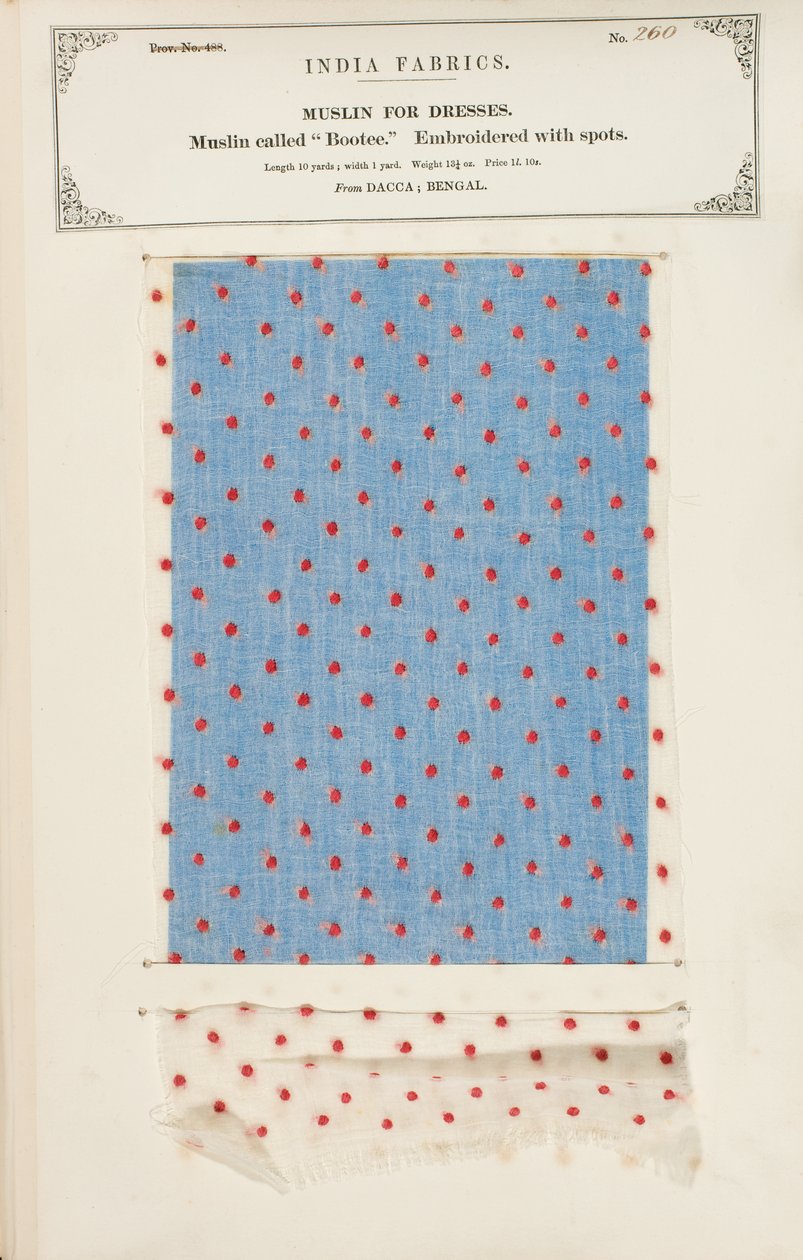 Bootee muslin sample embroidered with spots from Dacca in Bengal, from The Collection of the Textile Manufacturers of India, by John Forbes Watson, published in 1866 by Indian School