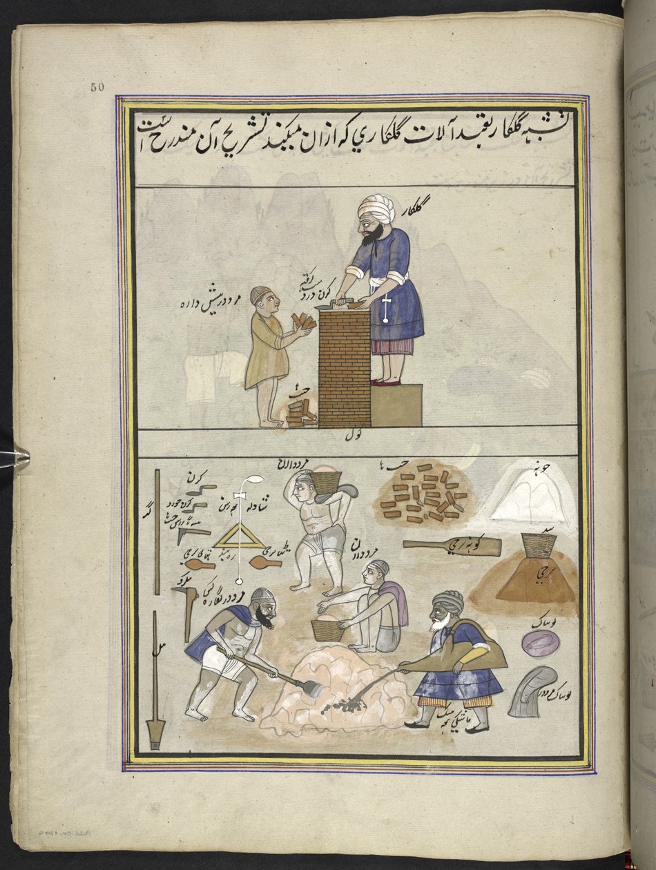 Bricklayers, 86 drawings bound into a volume depicting trades and occupations in Kashmir, Craftsmen are shown at work with their implements and equipment, By a Kashmir artist, probably at Srinagar, c.1850-60 by Indian School