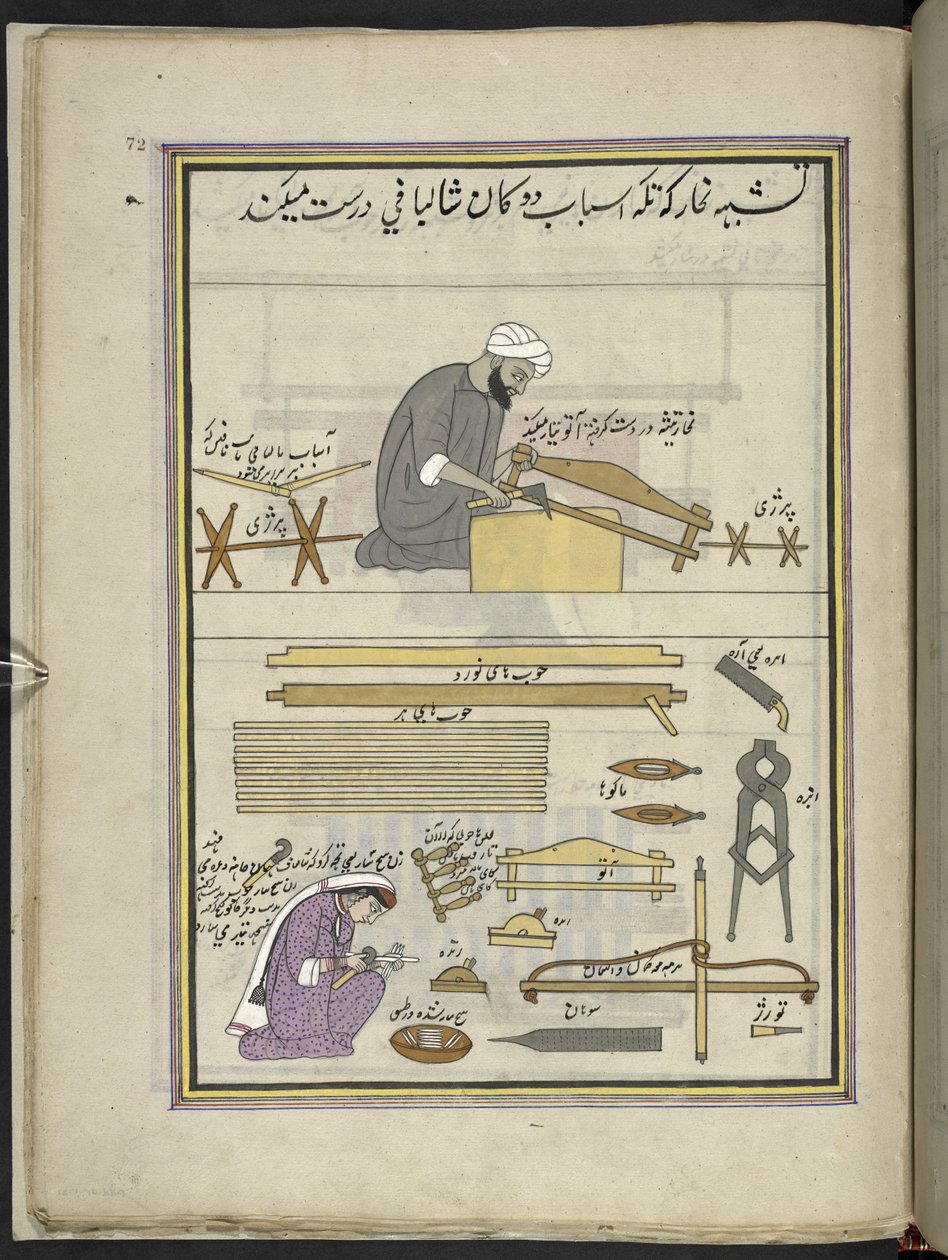 Carpenter and wife making a shawl loom, 86 drawings bound into a volume depicting trades and occupations in Kashmir, Craftsmen are shown at work with their implements and equipment by Indian School