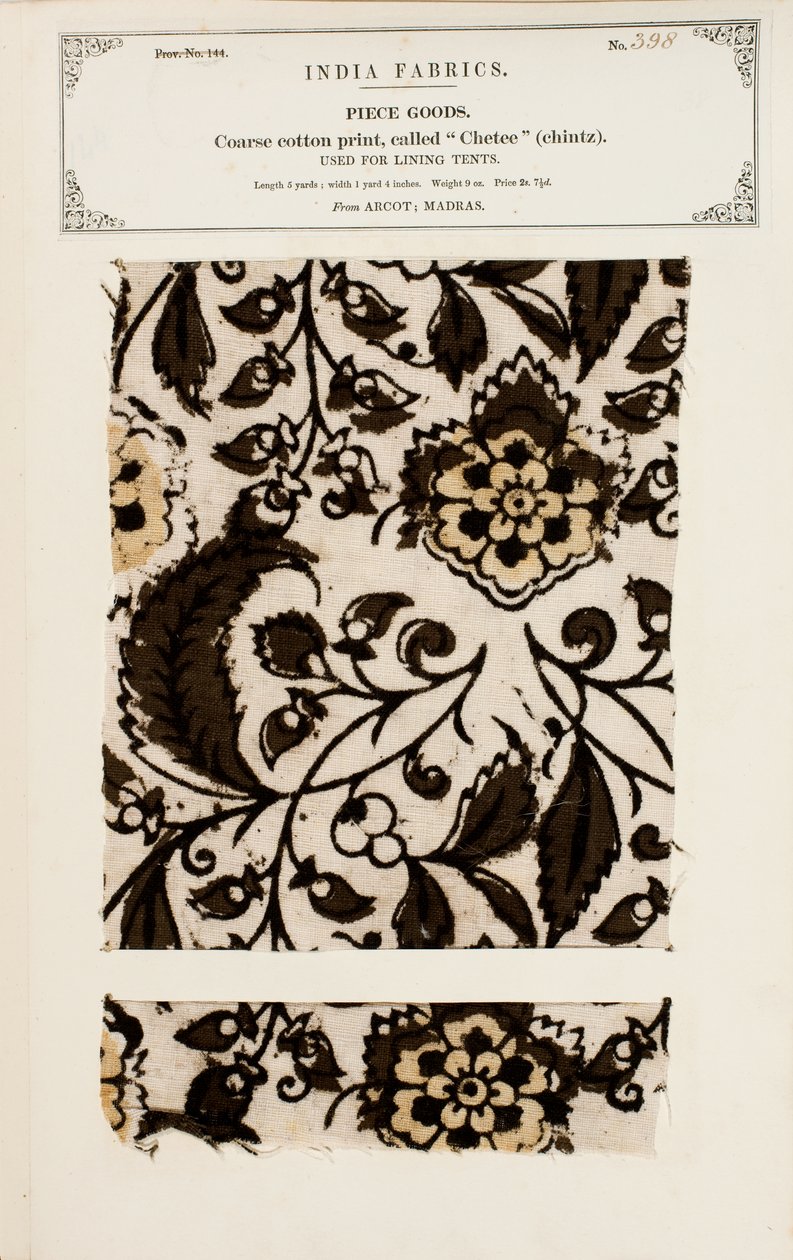 Coarse cotton sample with chetee (chintz) pattern from Arcot in Madras, from The Collection of the Textile Manufacturers of India, by John Forbes Watson, published in 1866 by Indian School