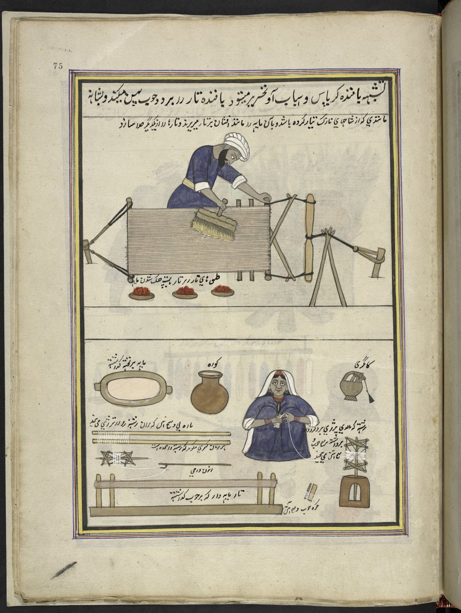 Cotton-weaver combing a warp; woman reeling cotton, 86 drawings bound into a volume depicting trades and occupations in Kashmir, Craftsmen are shown at work with their implements and equipment, By a Kashmir artist, probably at Srinagar, c.1850-60 by Indian School