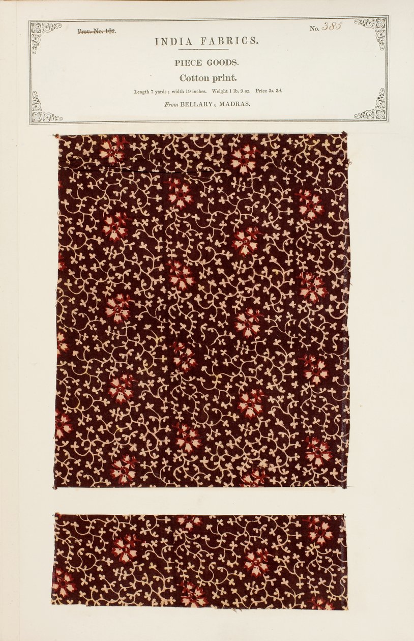 Cotton print sample from Bellary in Madras, from The Collection of the Textile Manufacturers of India, by John Forbes Watson, published in 1866 by Indian School