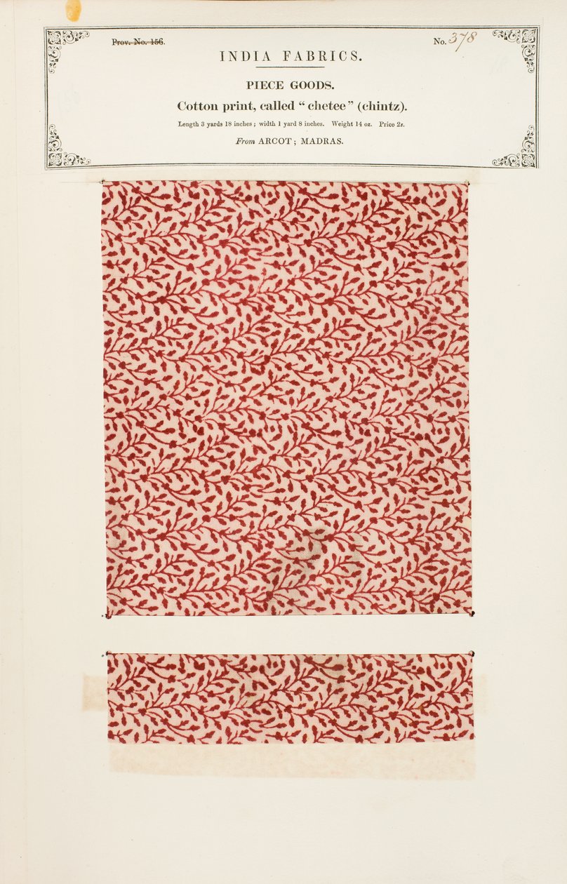 Cotton sample with a chetee (chintz) print from Arcot in Madras, from The Collection of the Textile Manufacturers of India, by John Forbes Watson, published in 1866 by Indian School