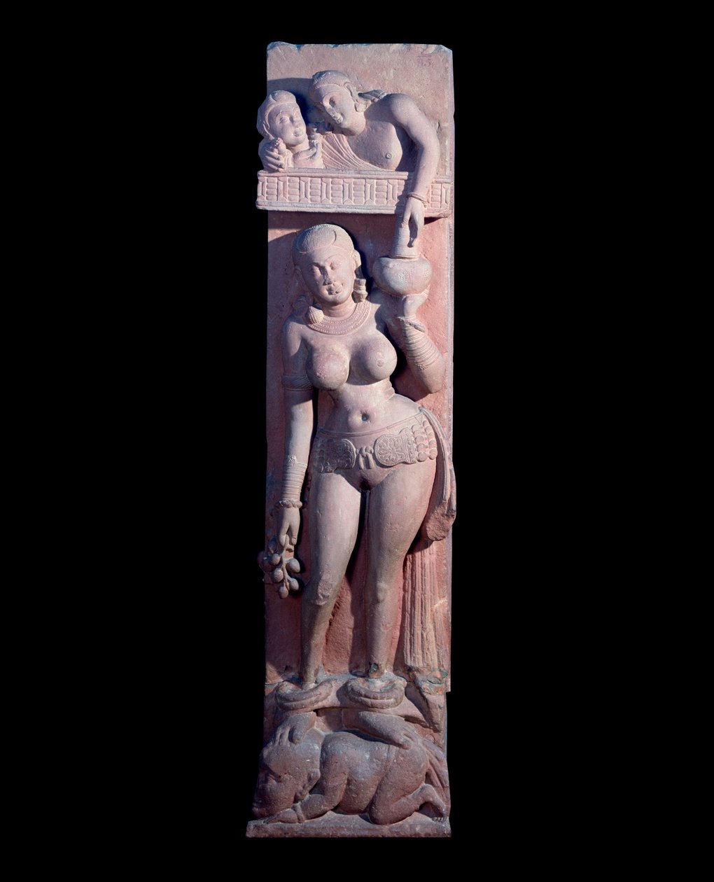 Damsel Mounting on a Dwarf, Holding a Grape and a Jug of Wine (Red Sandstone Sculpture, Kushan Empire) by Indian School