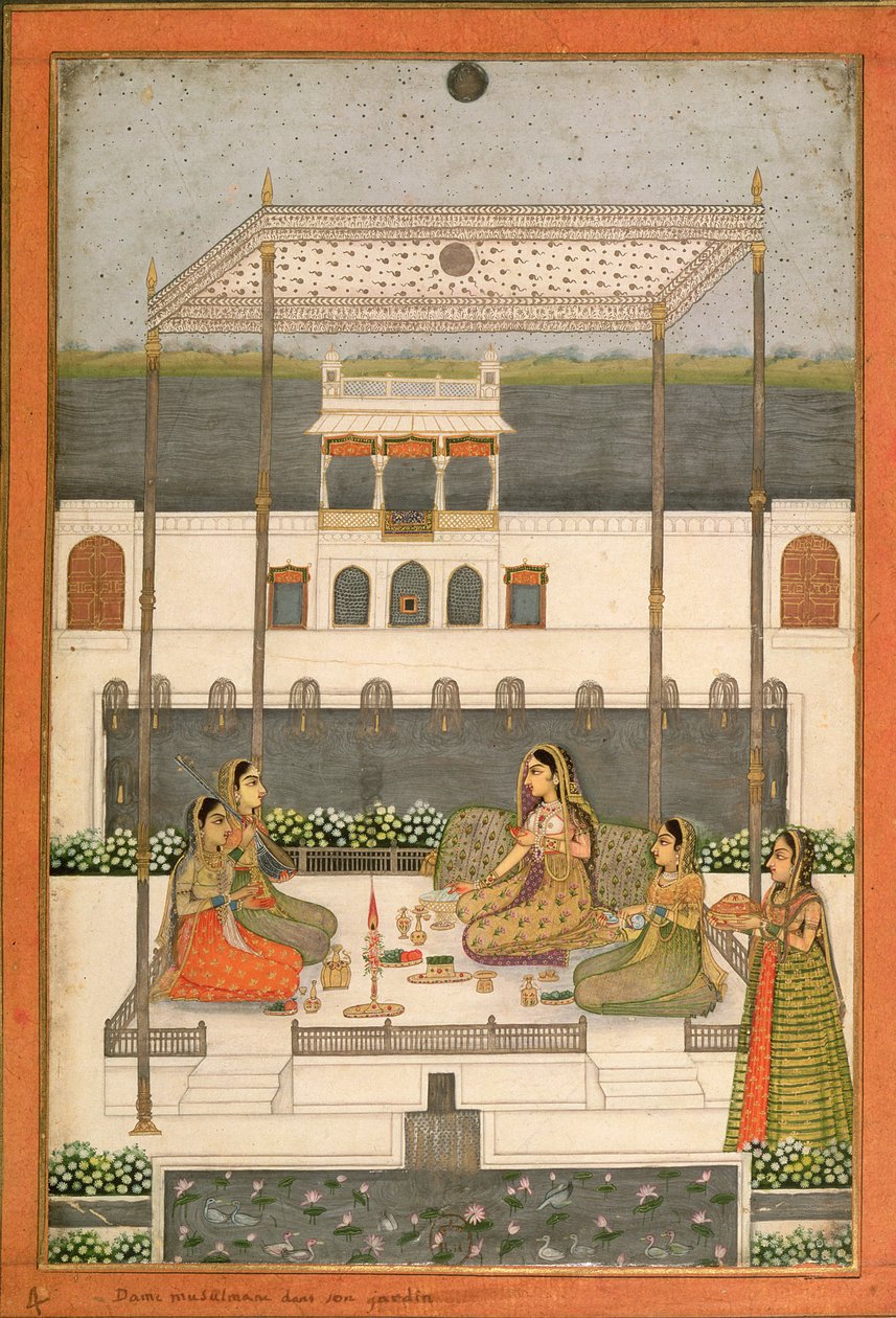 Evening party in the garden of a Mughal Palace, Lucknow or Murshidabad by Indian School