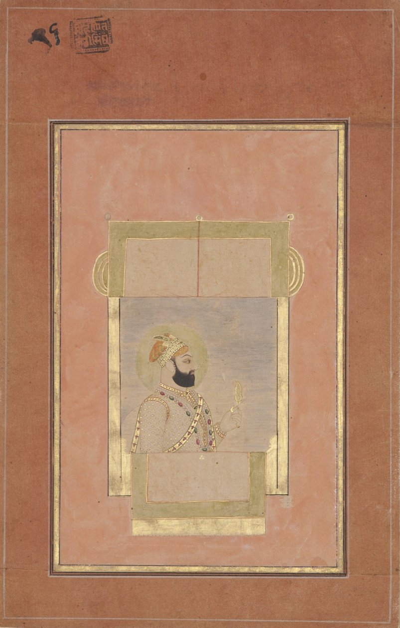 Farrukh Siyyar seated at a window, holding a gold sarpech by Indian School