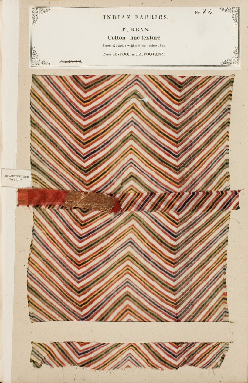 Fine cotton turban sample from Jeypoor in Rajpootana, from The Collection of the Textile Manufacturers of India, by John Forbes Watson, published in 1866 by Indian School