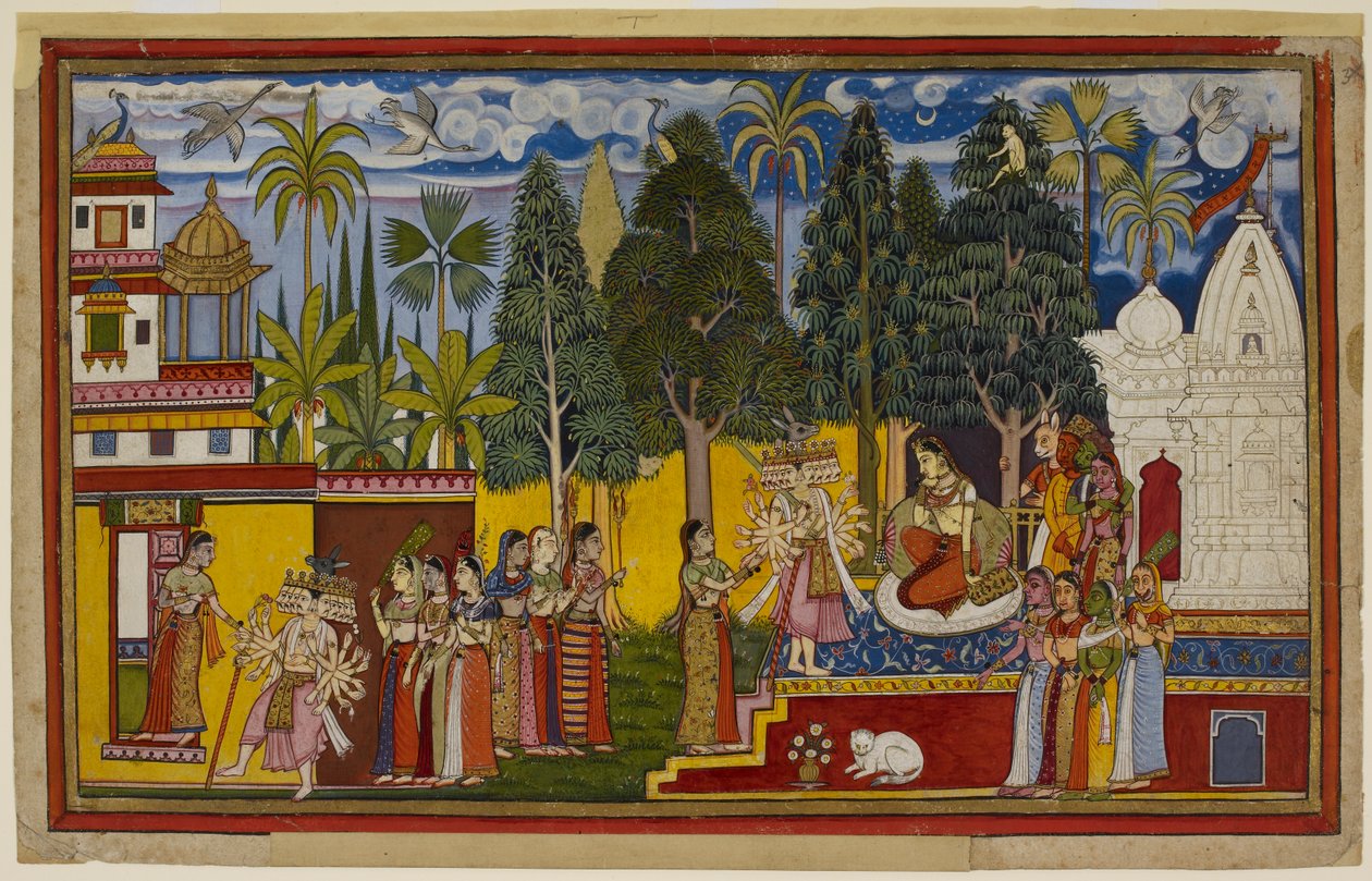 From a Shingshapa tree, Hanuman observes Sita surrounded by female titans as Ravana arrives, begging her to marry him by Indian School