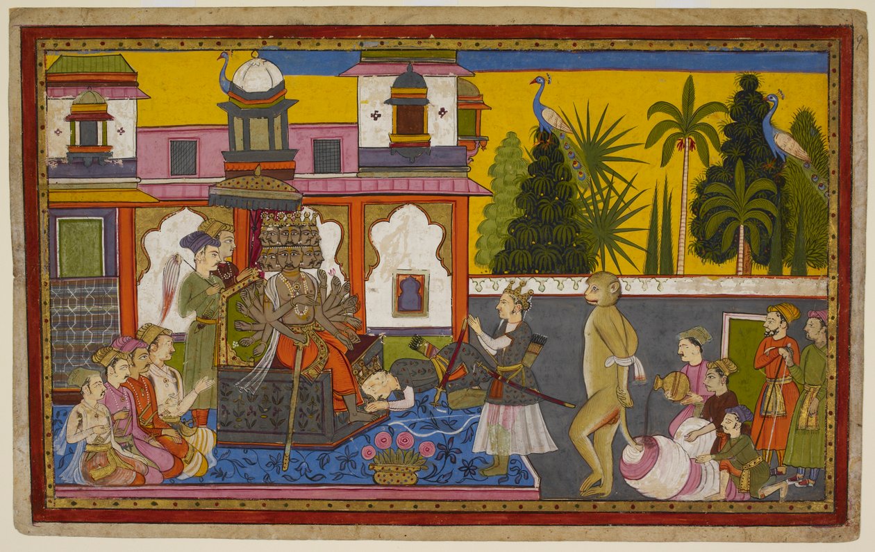 Hanuman is captured by Ravana, humiliated, but escapes and sets fire to the city with his blazing tail. 1653 by Indian School