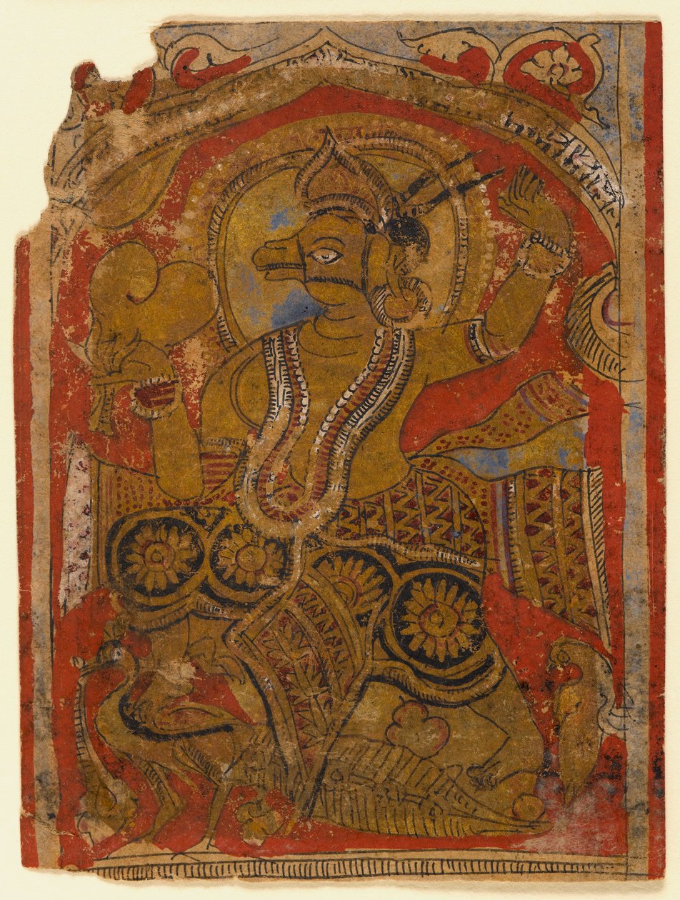 Harinegameshin carrying the embryo, fragment of a leaf from a dispersed Kalpasutra by Indian School