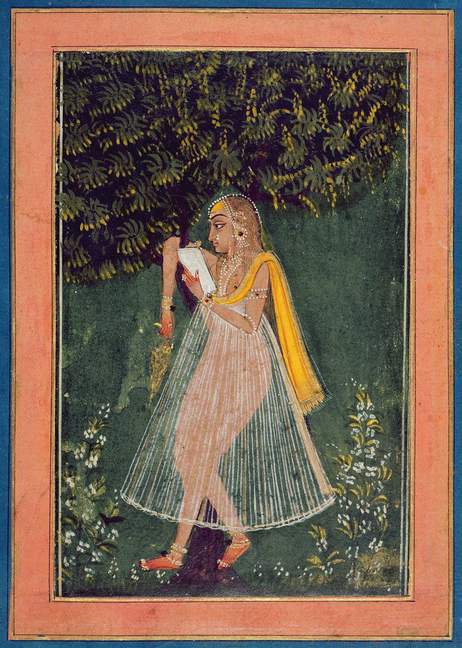 Hindoo lady reading a love letter under a tree by Indian School