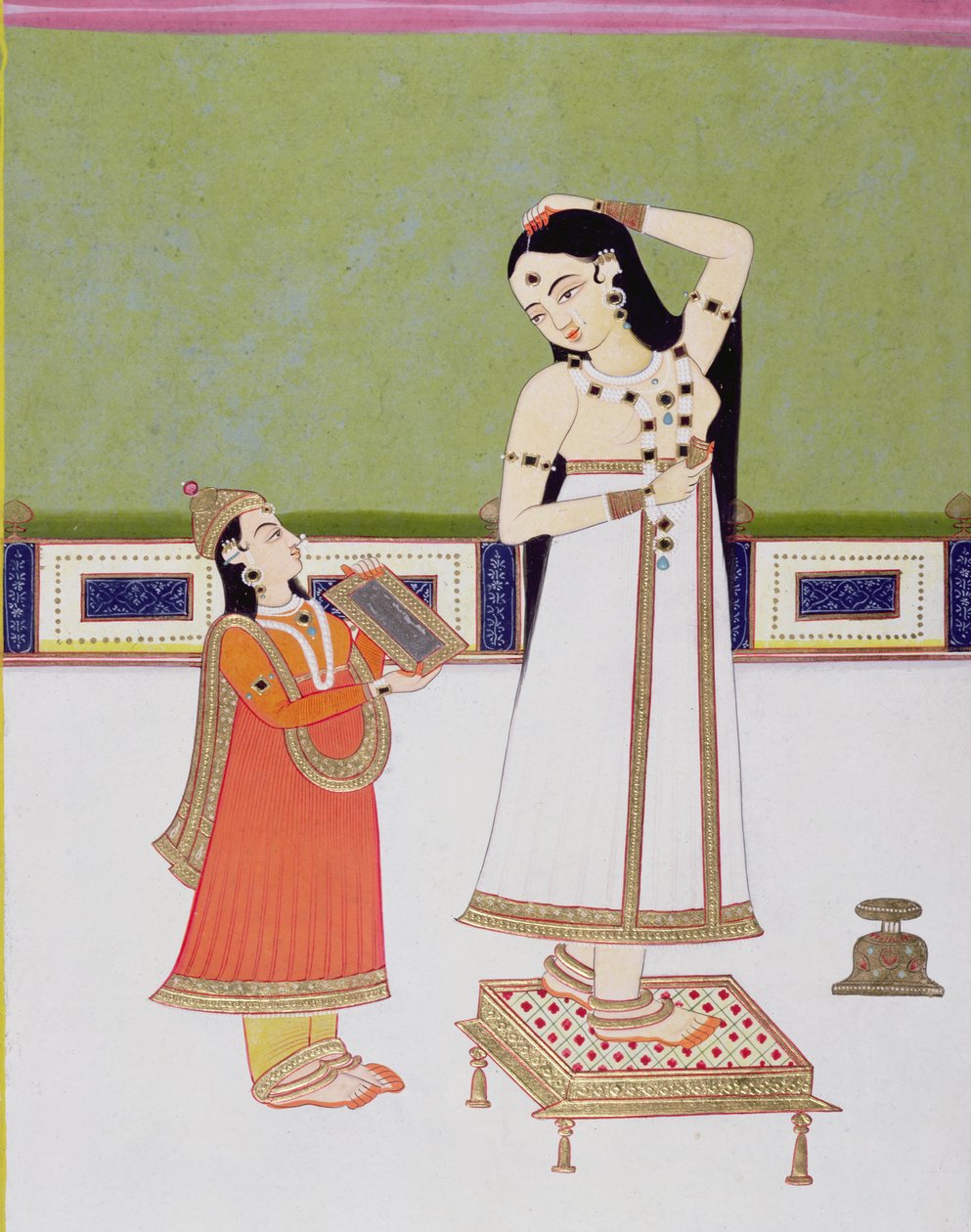 Indian lady at her toilet looking at herself in a mirror by Indian School