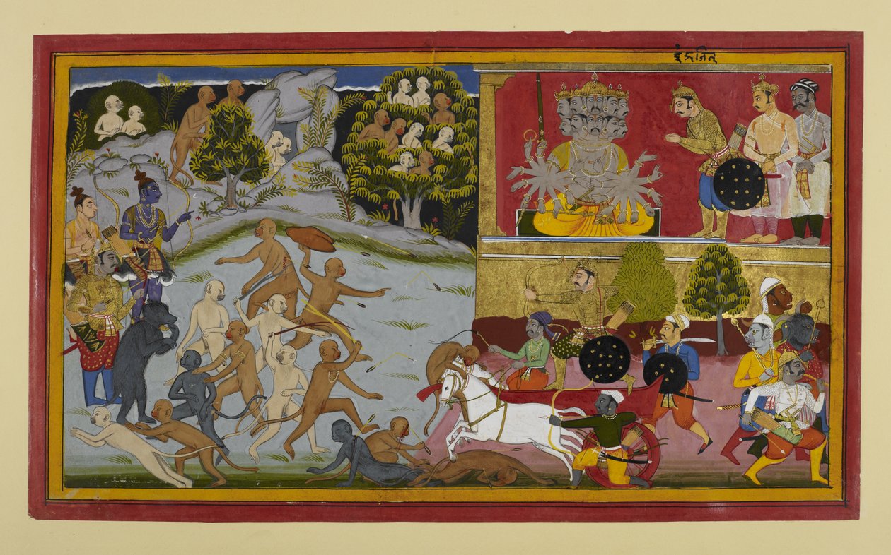 Indrajit attacks invisibly as monkeys and Rama prepare by Indian School