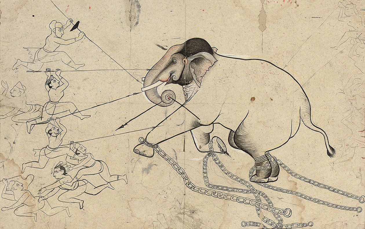 Isarda or Kotah Preparatory Drawing of the Taming of an Elephant by Indian School