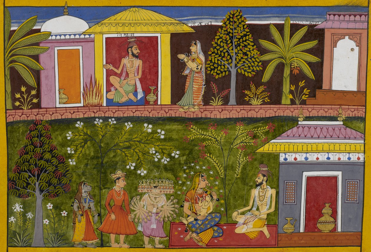 Kaikasi interrupts Vishravas’s sacrifice; he foretells their demon offspring by Indian School