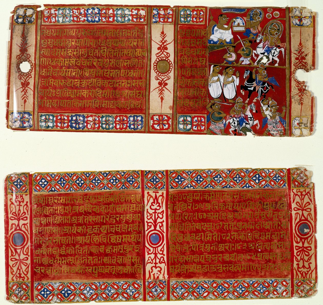 Kalaka Becomes a Jain Monk; Kalaka Abducts the Nun, two leaves from a dispersed Jain manuscript of the Kalakacharya-katha, Uttar Pradesh, c.1465 by Indian School