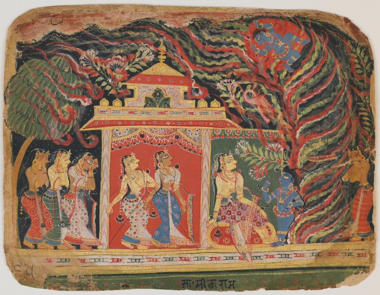 Krishna carried off by the Whirlwind Demon, from a Bhagavata Purana. c.1520-30 by Indian School