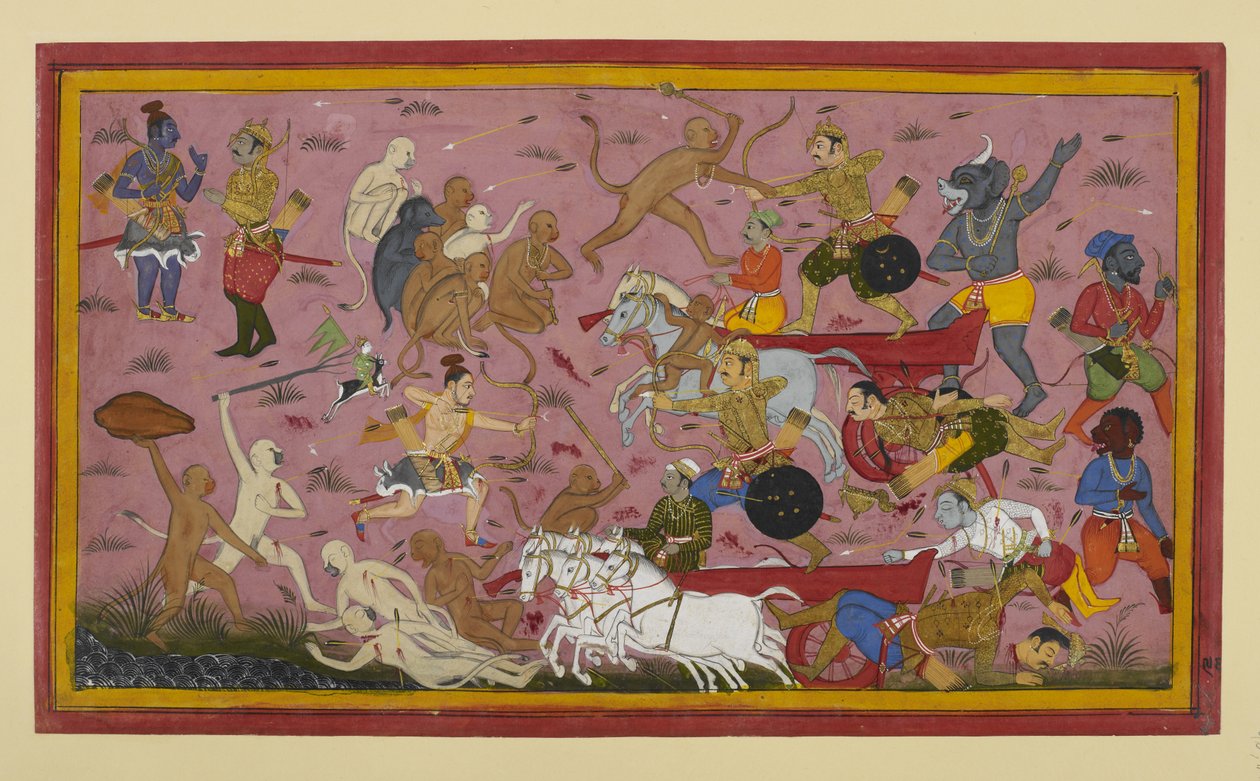Lakshmana kills Ravana’s sons Mattanika and Atikaya using divine weapons by Indian School