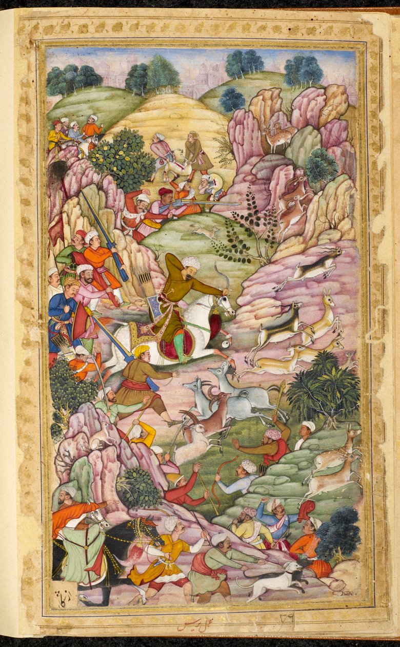 The Emperor Babur Hunting, between Ali Shang and Alangar, in the Kabul region (Afghanistan). Miniature from the Persian manuscript Vaqi at i Baburi, memoirs of the Mughal Emperor Babur (Zahir ud din Muhammad) (1483-1530), India, circa 1590. The British Lib by Indian School