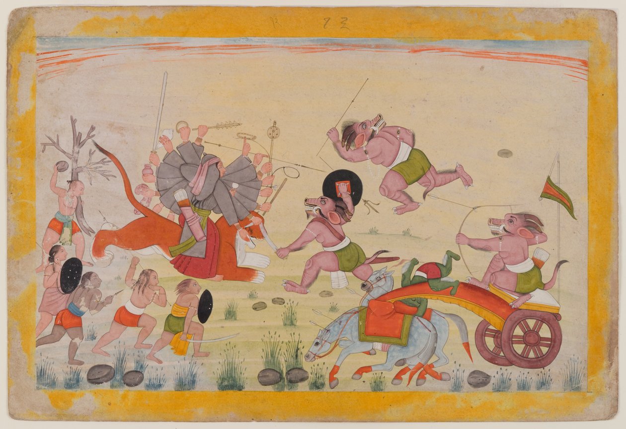 Mahasura attacks the Devi, folio from a dispersed Devi Mahatmya series by Indian School