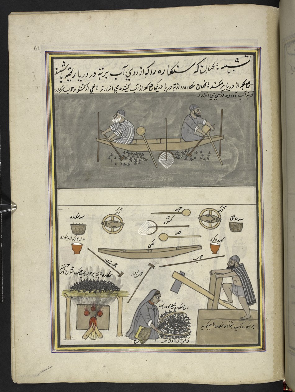 Men Collecting Water-Chestnuts; Man and Woman Roasting and Pounding Water-Chestnuts, 86 Drawings Bound into a Volume Depicting Trades and Occupations in Kashmir by Indian School