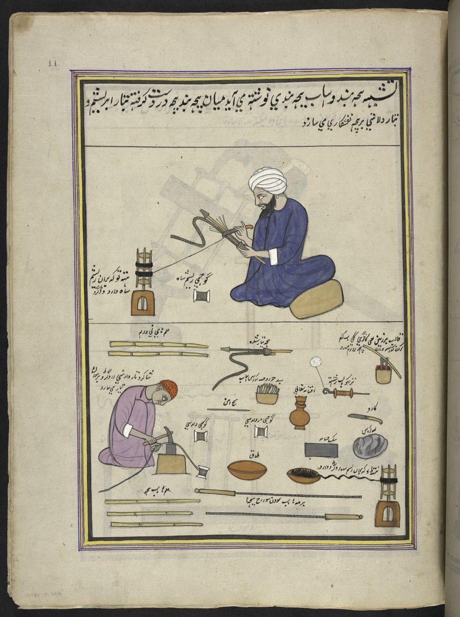 Men covering hookah-snakes with thread and wire by Indian School