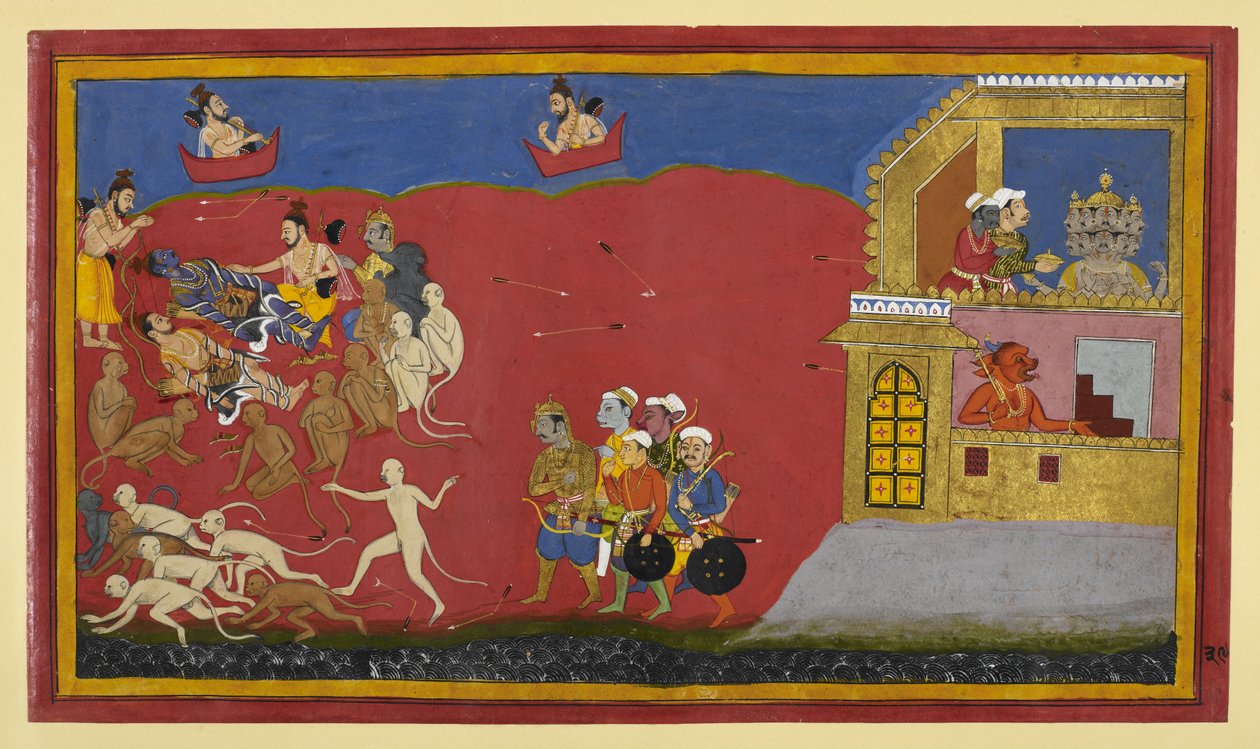 Monkeys Mistake Vibhishana for Indrajit; Narada Praises Narayana as Ravana Dines by Indian School