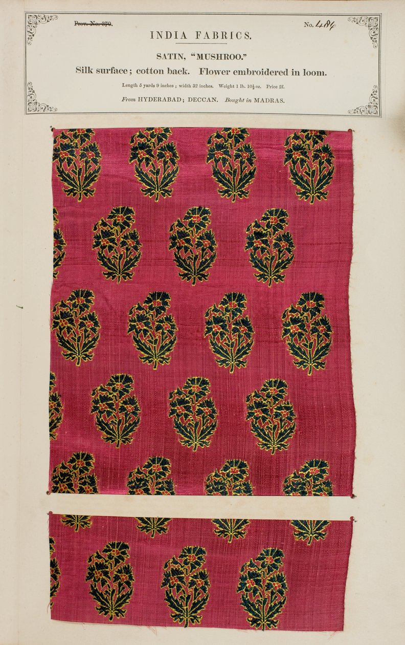 Mushroo satin sample from Hyderabad in Deccan, from The Collection of the Textile Manufacturers of India, by John Forbes Watson, published in 1866 by Indian School