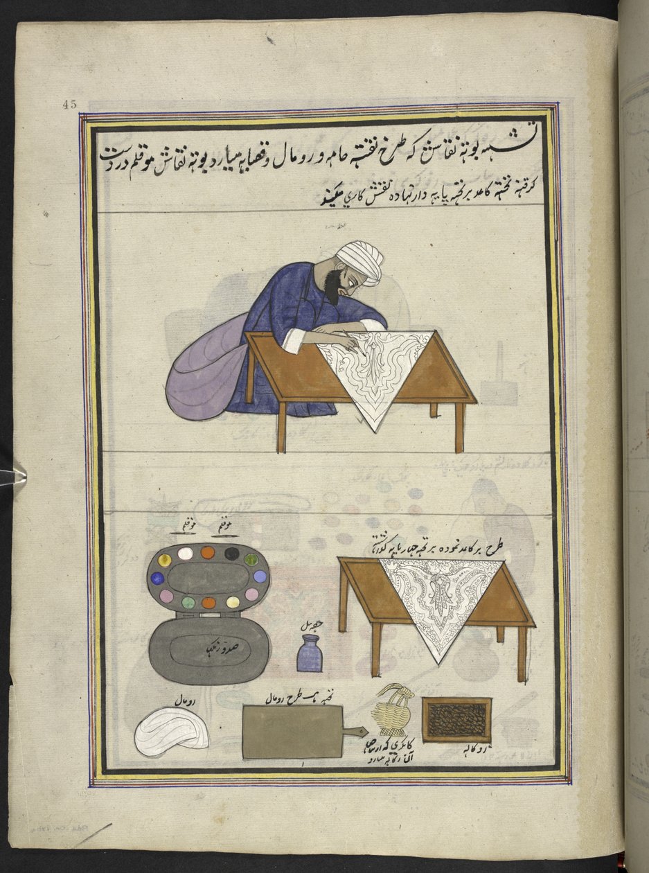 Pattern-drawer (naqqash) preparing a design for a shawl, 86 drawings bound into a volume depicting trades and occupations in Kashmir, Craftsmen are shown at work with their implements and equipment by Indian School