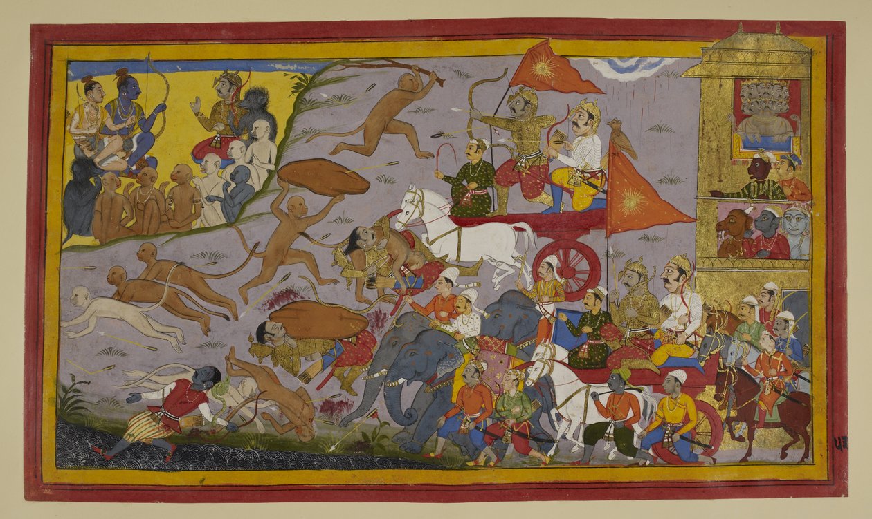 Prahasta is defeated by Nila amid ill-omens; Ravana and demons despair by Indian School