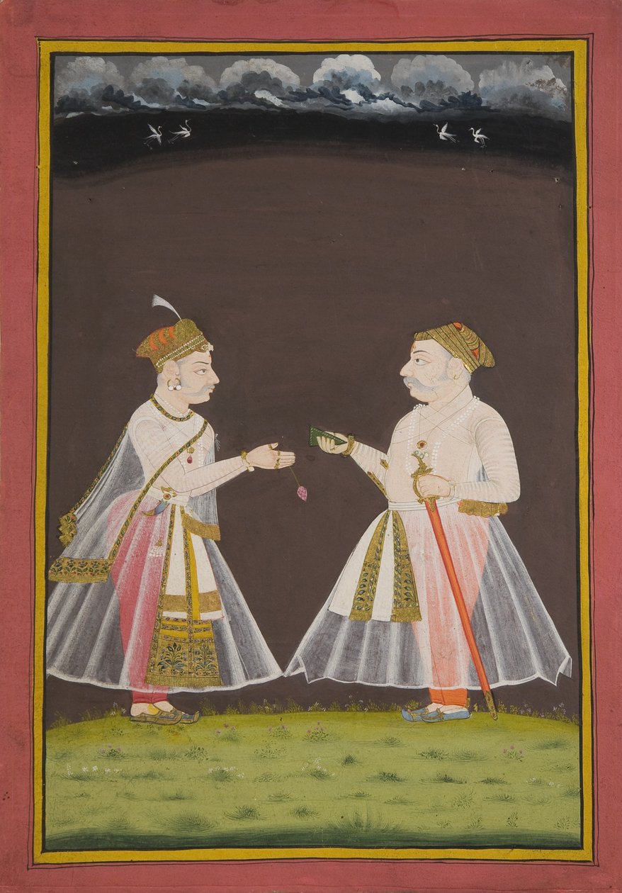 Probably a Portrait of Rana Raj Singh of Udaipur Offering Pan to a Nobleman by Indian School