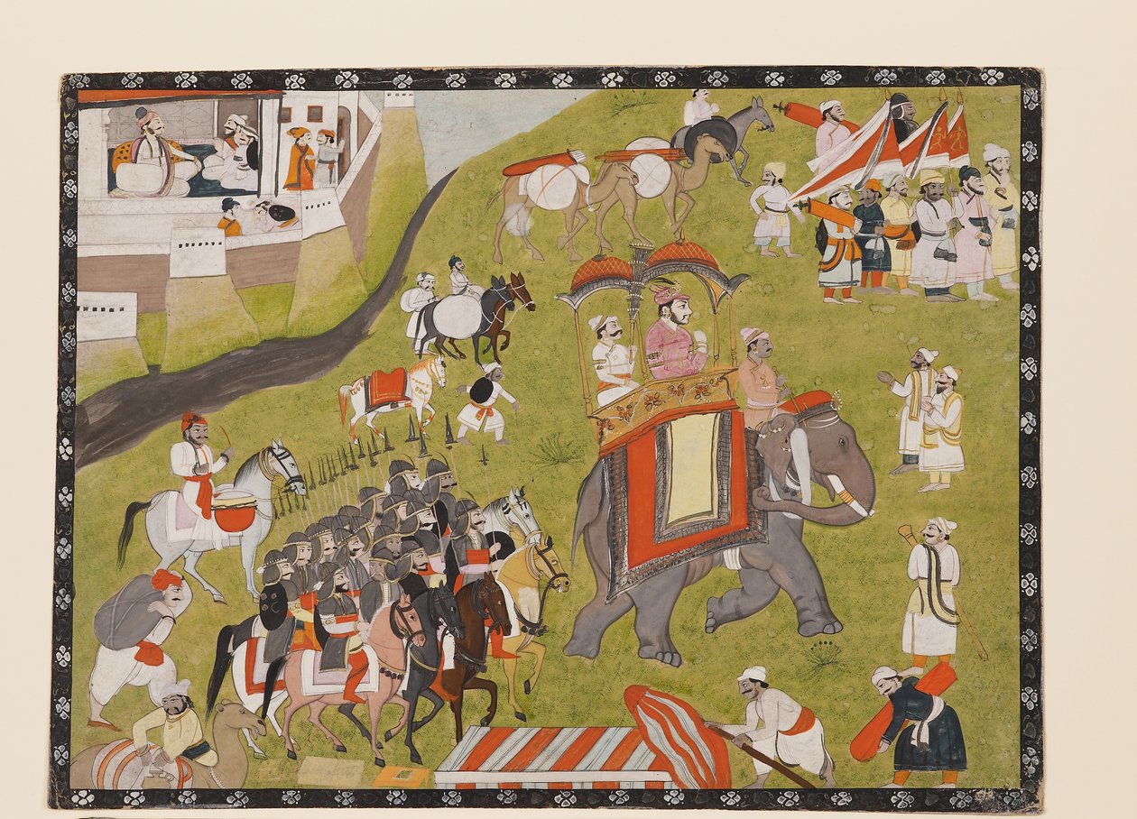 Procession of a Raja on Elephant with Armed Escort and Retainers by Indian School