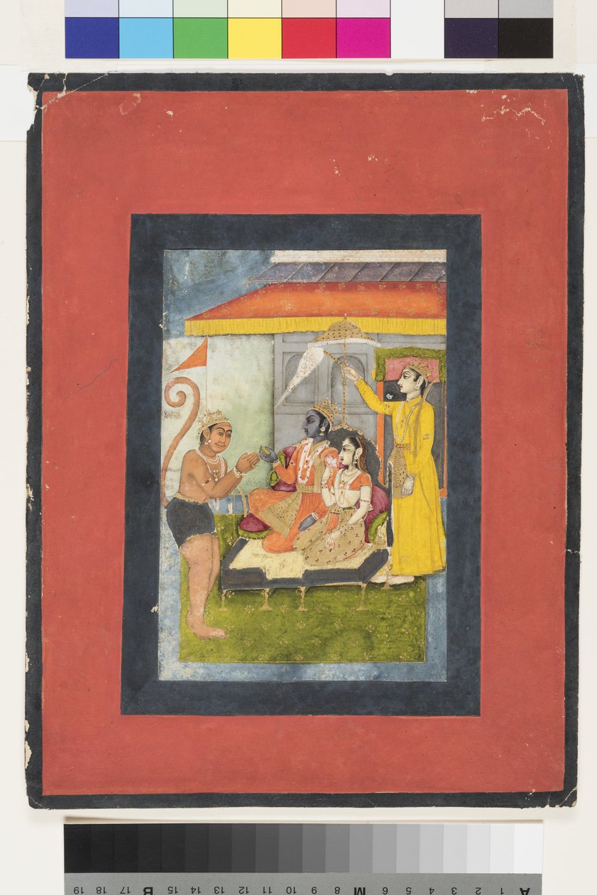 Rama and Sita Enthroned, Adored by Hanuman; Lakshmana Holds a Morchal by Indian School