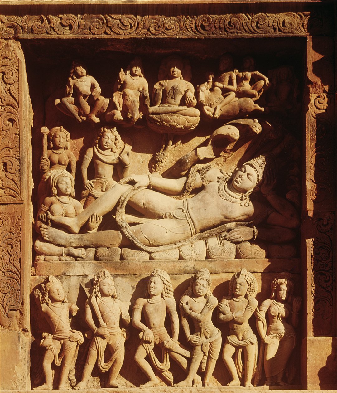 Relief depicting Vishnu reclining on the serpent, Sesha, from the Temple of Vishnu by Indian School