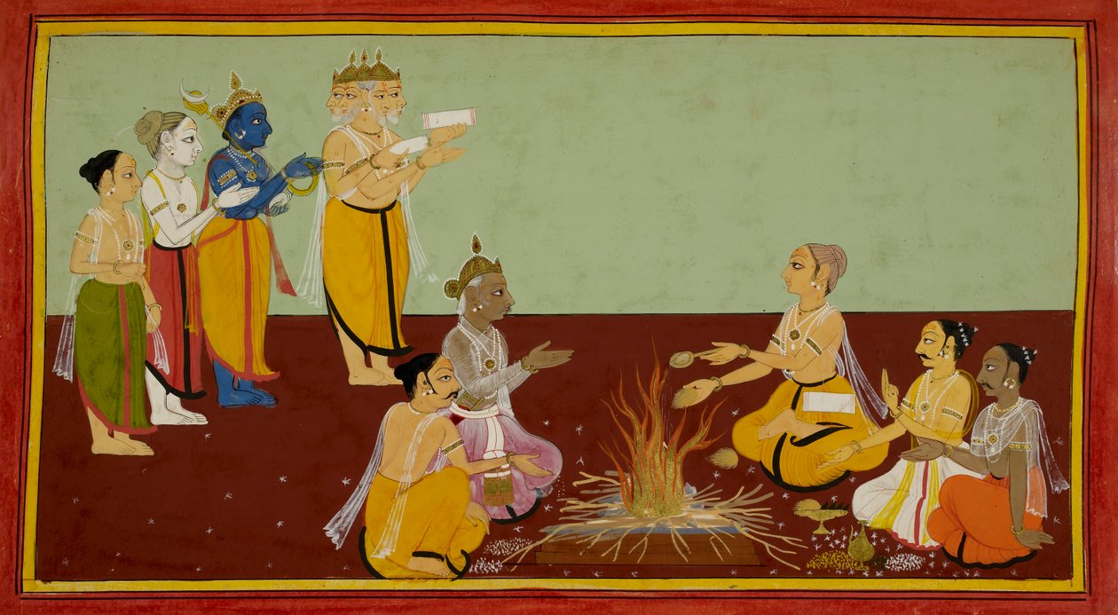 Rishyasringa performs a son-obtaining ceremony, chanting mantras and making offerings by Indian School