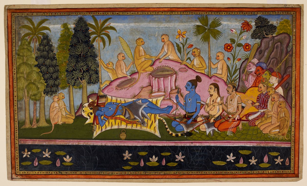 Rama, in his tiger skin, spends three days pleading with the Ocean, but it remains unresponsive. c1653 (miniature) by Indian School