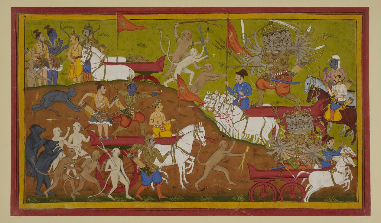 Rama receives Indra’s chariot and armour, battles Ravana fiercely, forcing him to retreat by Indian School