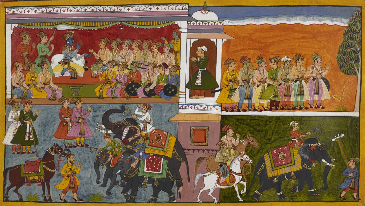 Rama sends courtiers to investigate rumors about Sita, with them departing on horseback and elephants by Indian School