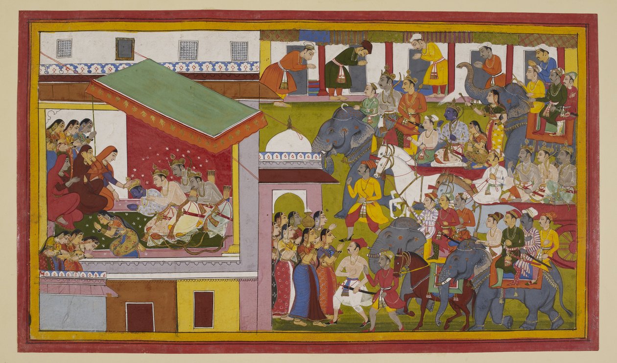 Rama’s triumphant procession enters Ayodhya; he bows before the queens by Indian School