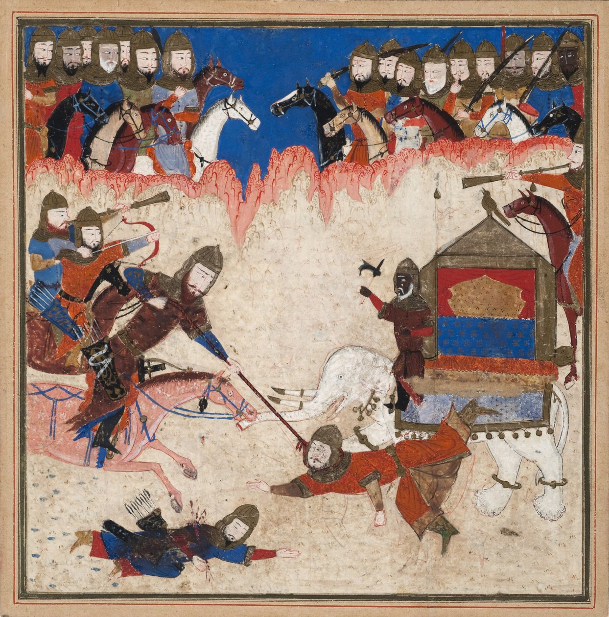 Rustam lassos the Khaqan of China and pulls him from his elephant by Indian School