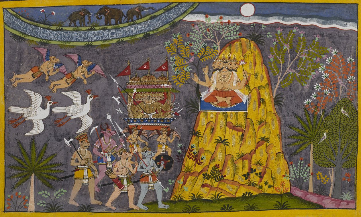 Ravana ascends to the moon, but Brahma intervenes and urges him to turn back by Indian School