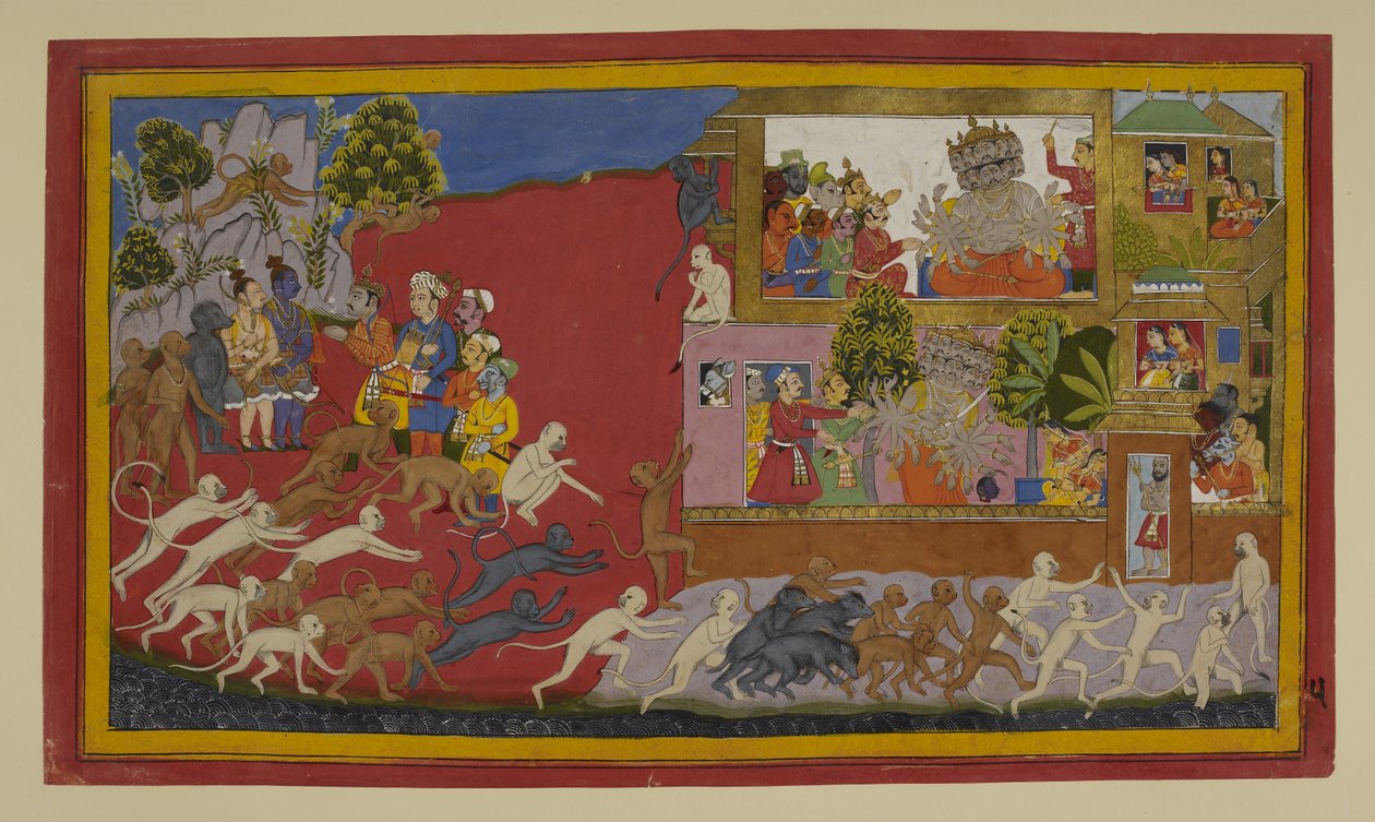 Ravana deceives Sita with a fake head; monkeys scout Lanka by Indian School