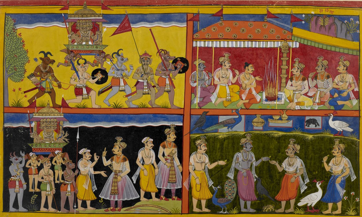 Ravana disrupts a sacrifice, the gods hide as animals, then reveal themselves by Indian School