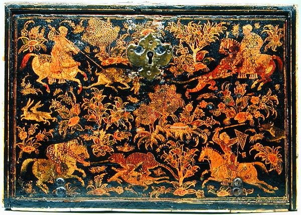 Side of a Writing Cabinet Depicting Noblemen Hunting by Indian School