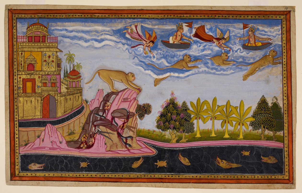 Sita prays for Hanuman, who reassures her and returns, flying through the clouds, showered with flowers. 1653 by Indian School