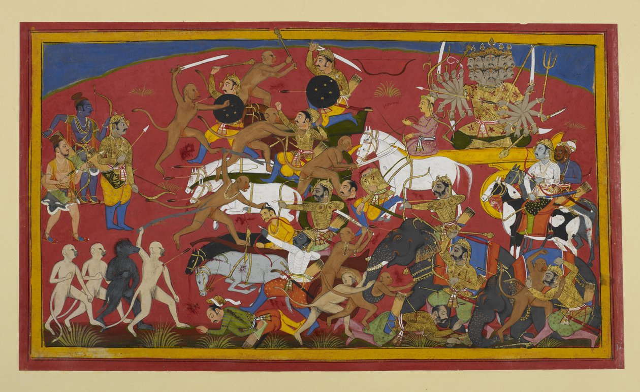 Sugriva and Angada kill demon foes in battle by Indian School