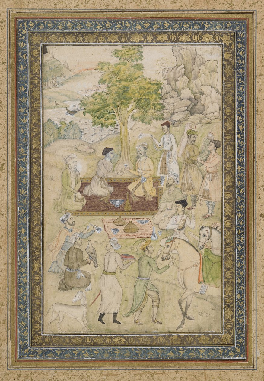 Sultan Murad and Sultan Daniyal on a Picnic, Detached Album Folio with Painting, c.1900 by Indian School