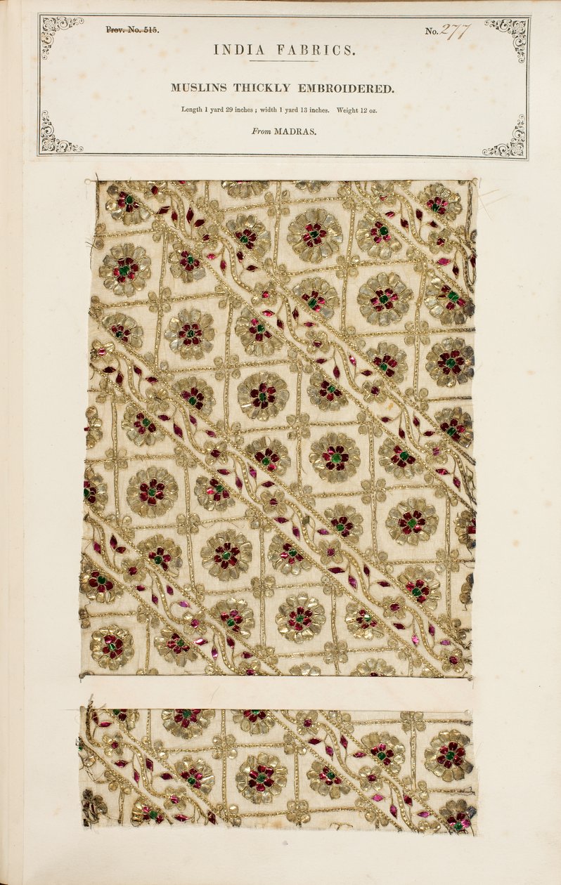Thickly embroidered muslin sample from Madras, from The Collection of the Textile Manufacturers of India, by John Forbes Watson, published in 1866 by Indian School