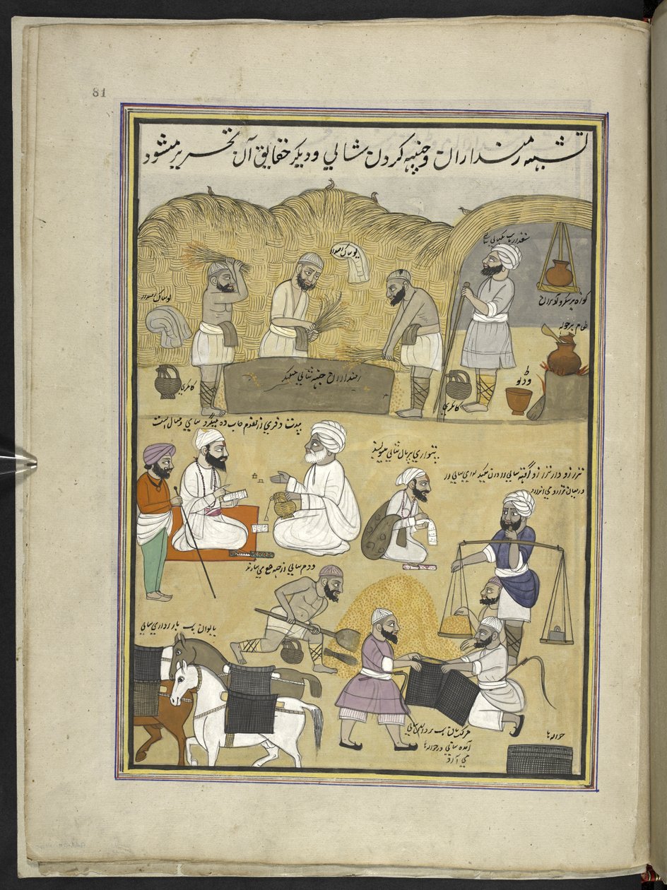 Threshing Paddy, Weighing It and Packing It in Saddle-Bags, 86 Drawings Bound into a Volume Depicting Trades and Occupations in Kashmir by Indian School