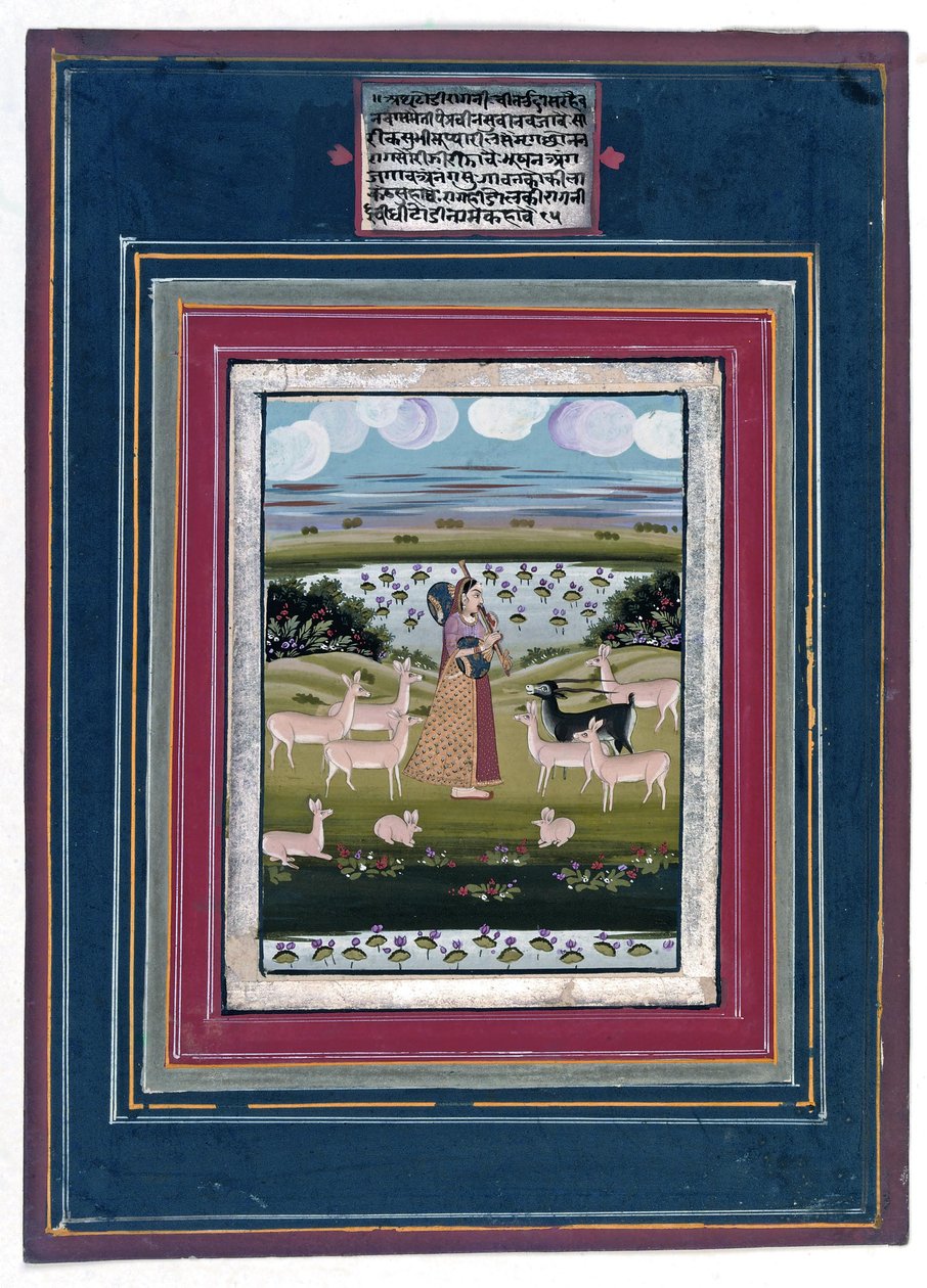Todi Ragini - A Lady Playing a Vina in a Landscape with Animals by Indian School